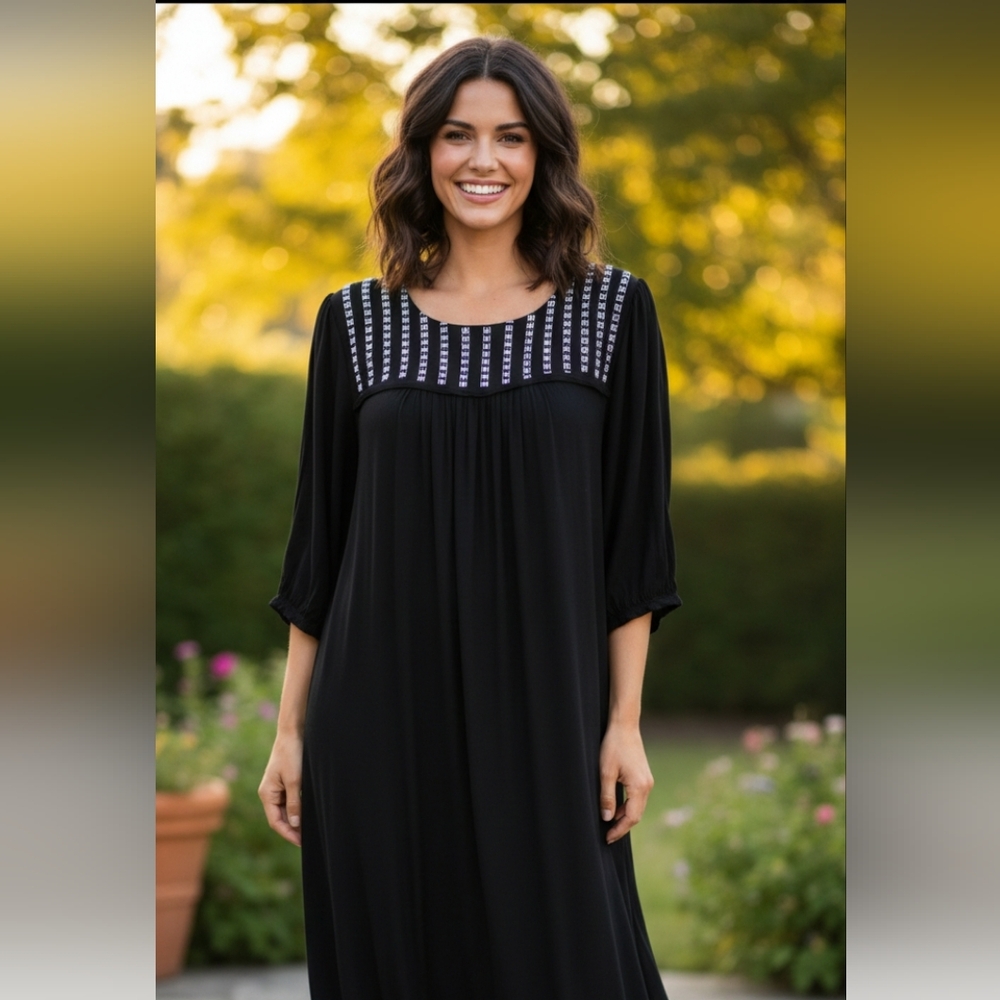 Black Maxi Boho Dress In Size Small, Beautiful Embroidery Accents Lined
